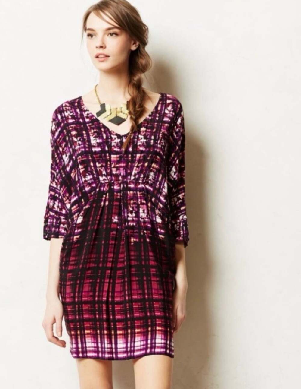 Maeve Cocoon Dress Size Small Purple Plaid Draped Dolman Sleeve